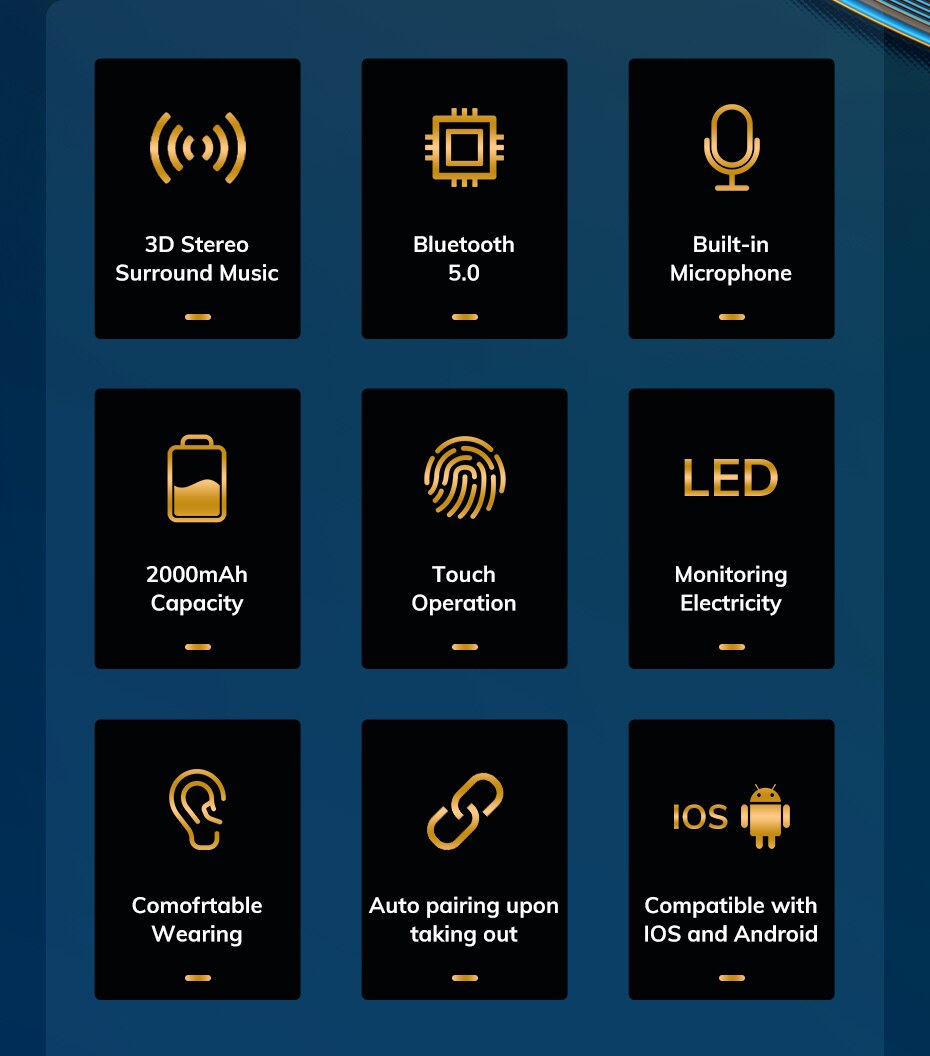 TOPK TWS Bluetooth V5.0 casque sans fil empreinte digitale tactile Bluetooth écouteur 2000mAh boîte de charge sport étanche écouteurs