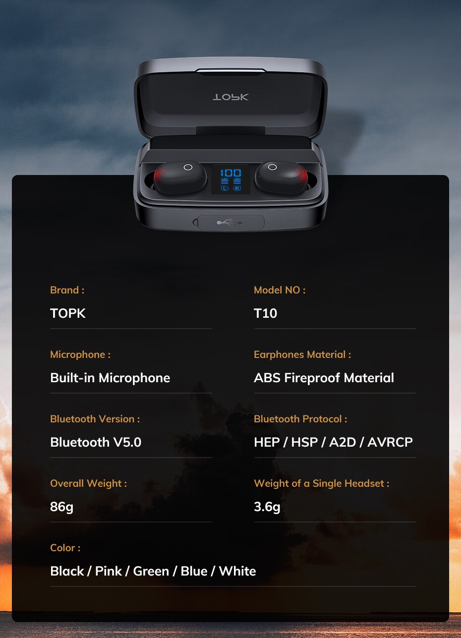 TOPK TWS Bluetooth V5.0 casque sans fil empreinte digitale tactile Bluetooth écouteur 2000mAh boîte de charge sport étanche écouteurs