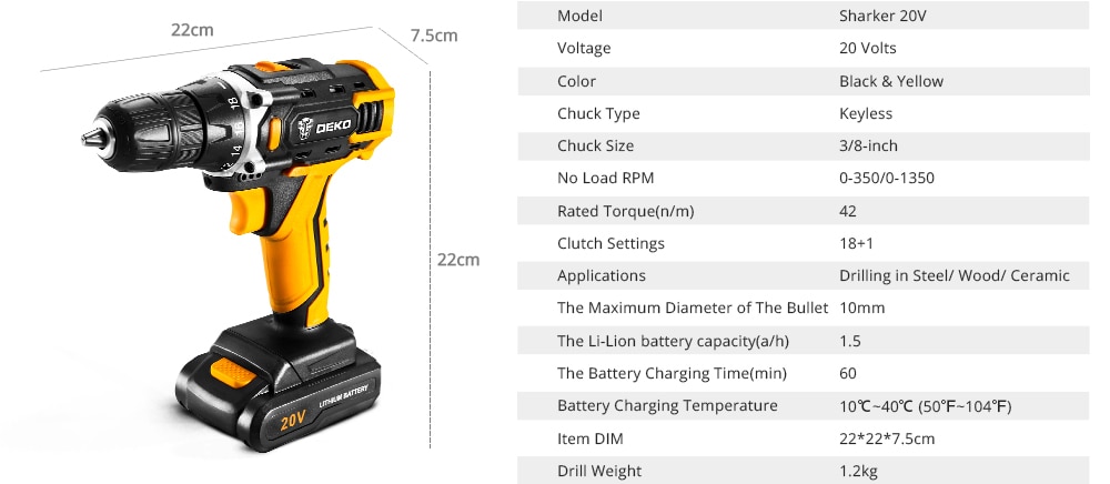 DEKO nouveau Sharker 20V perceuse visseuse sans fil tournevis Mini pilote d'alimentation sans fil batterie Lithium-Ion cc 18 + 1 réglages DEKO nouveau Sharker 20V perceuse visseuse sans fil tournevis Mini pilote d'alimentation sans fil batterie Lithium-Ion cc 18 + 1 réglages