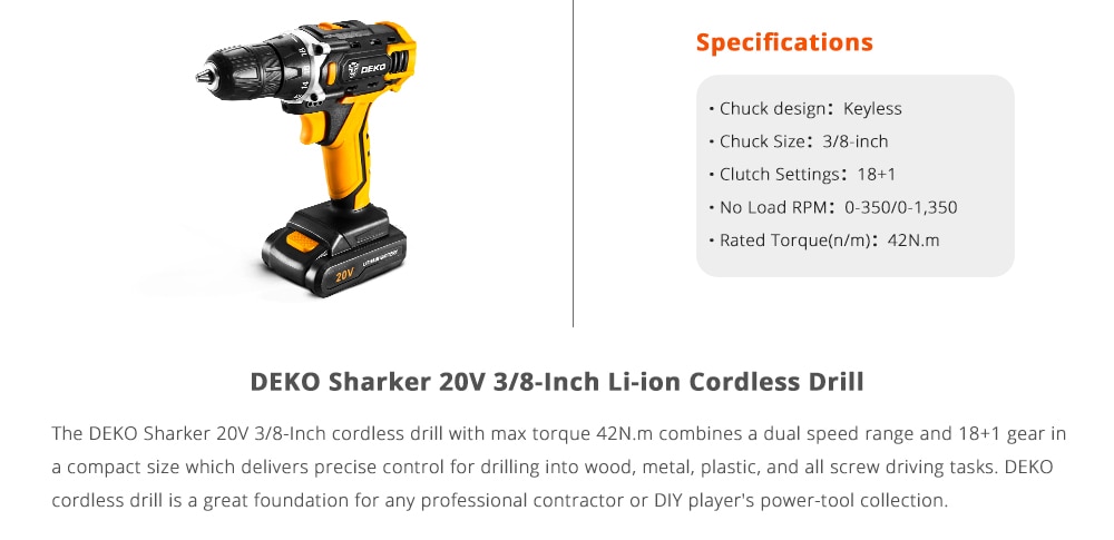 DEKO nouveau Sharker 20V perceuse visseuse sans fil tournevis Mini pilote d'alimentation sans fil batterie Lithium-Ion cc 18 + 1 réglages DEKO nouveau Sharker 20V perceuse visseuse sans fil tournevis Mini pilote d'alimentation sans fil batterie Lithium-Ion cc 18 + 1 réglages