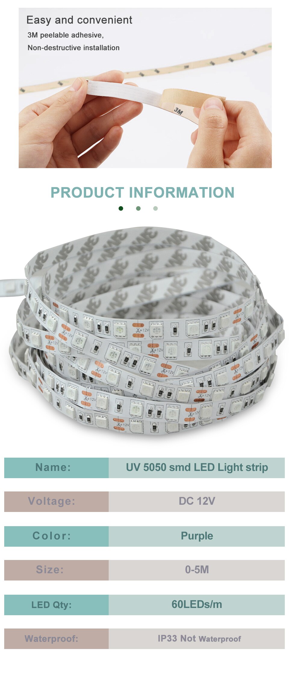 Bande lumineuse de stérilisation à 600 LED UVC, 5 mètres, 12V, ruban de lumière, nm Bande lumineuse de stérilisation à 600 LED UVC, 5 mètres, 12V, ruban de lumière, nm