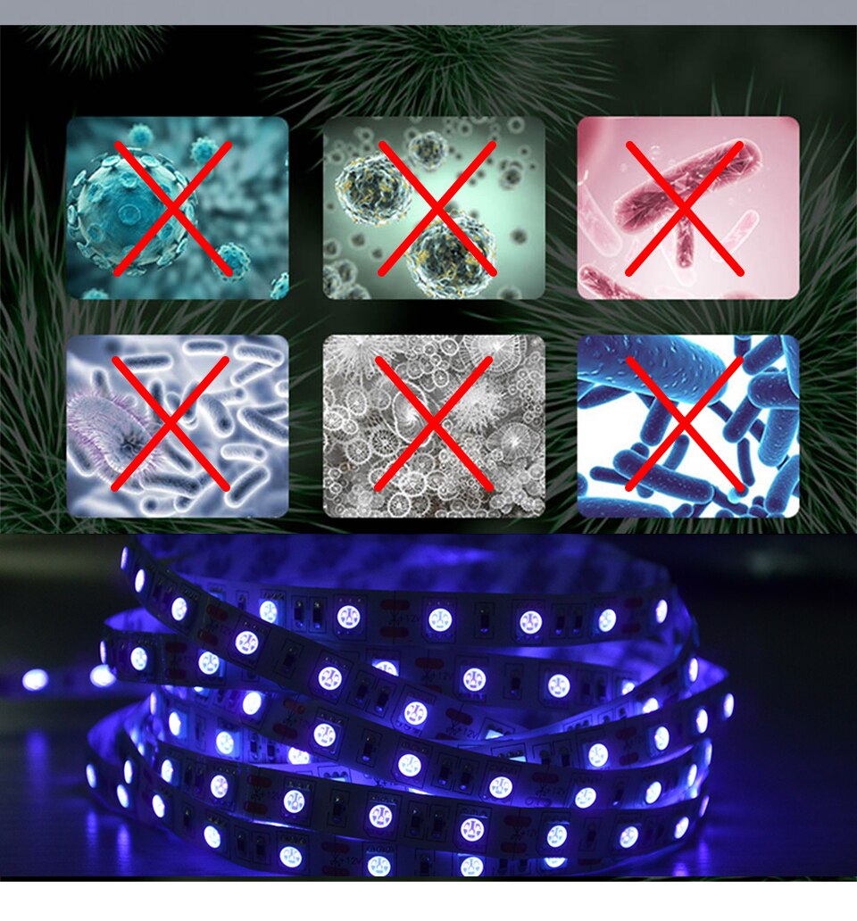 Bande lumineuse de stérilisation à 600 LED UVC, 5 mètres, 12V, ruban de lumière, nm Bande lumineuse de stérilisation à 600 LED UVC, 5 mètres, 12V, ruban de lumière, nm