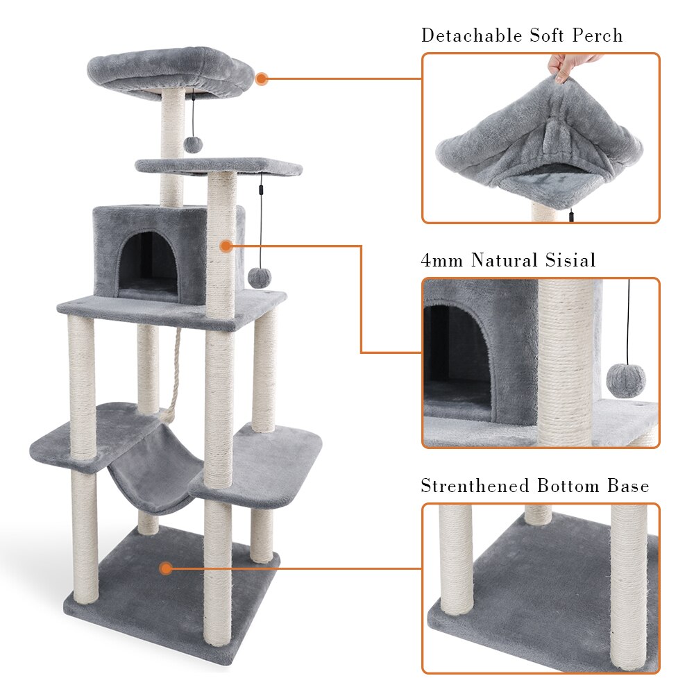Tour condo arbre à chat de plusieurs niveaux, grattoir, maison pour animaux domestiques avec hamacs, meuble à escalader, jeux Tour condo arbre à chat de plusieurs niveaux, grattoir, maison pour animaux domestiques avec hamacs, meuble à escalader, jeux