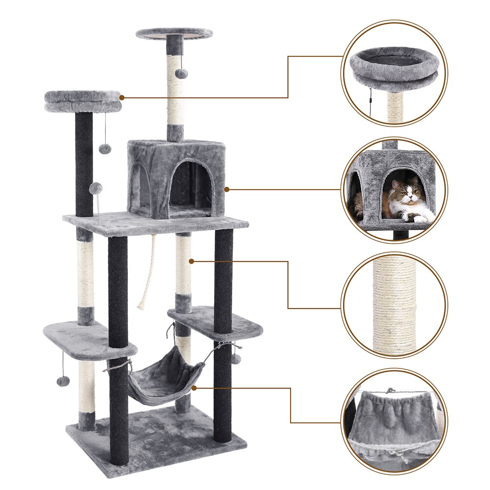 Tour condo arbre à chat de plusieurs niveaux, grattoir, maison pour animaux domestiques avec hamacs, meuble à escalader, jeux Tour condo arbre à chat de plusieurs niveaux, grattoir, maison pour animaux domestiques avec hamacs, meuble à escalader, jeux
