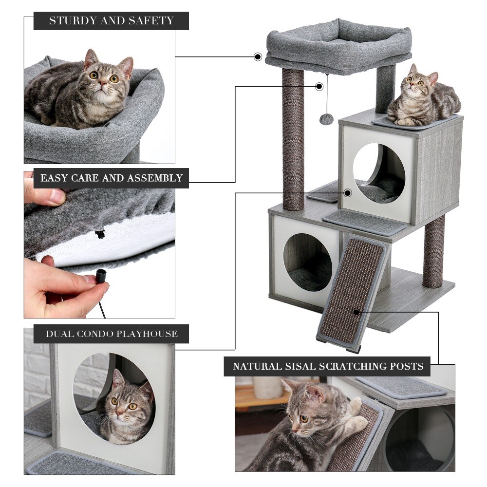 Tour condo arbre à chat de plusieurs niveaux, grattoir, maison pour animaux domestiques avec hamacs, meuble à escalader, jeux Tour condo arbre à chat de plusieurs niveaux, grattoir, maison pour animaux domestiques avec hamacs, meuble à escalader, jeux