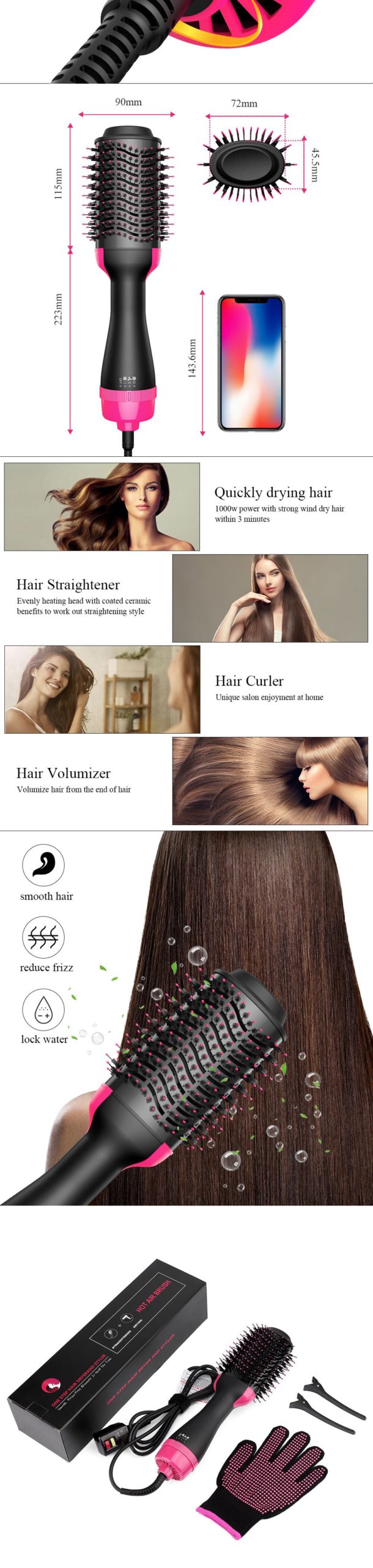 Brosse sèche-cheveux électrique Ion, puissance de 1000 W, diffuse de l'air chaud, pour styliser et donner du volume aux cheveux, permet de lisser ou boucler, peigne rouleau Brosse sèche-cheveux électrique Ion, puissance de 1000 W, diffuse de l'air chaud, pour styliser et donner du volume aux cheveux, permet de lisser ou boucler, peigne rouleau
