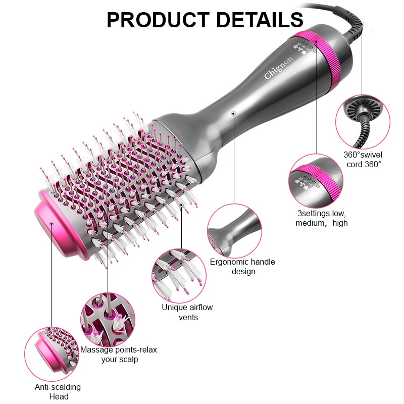Brosse sèche-cheveux électrique Ion, puissance de 1000 W, diffuse de l'air chaud, pour styliser et donner du volume aux cheveux, permet de lisser ou boucler, peigne rouleau Brosse sèche-cheveux électrique Ion, puissance de 1000 W, diffuse de l'air chaud, pour styliser et donner du volume aux cheveux, permet de lisser ou boucler, peigne rouleau