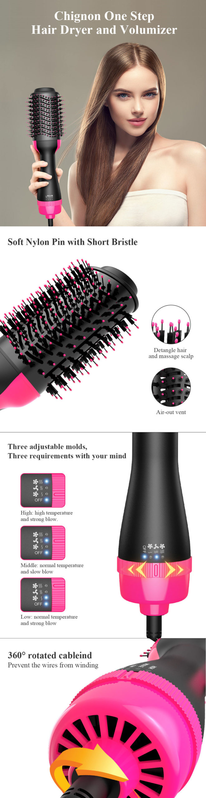 Brosse sèche-cheveux électrique Ion, puissance de 1000 W, diffuse de l'air chaud, pour styliser et donner du volume aux cheveux, permet de lisser ou boucler, peigne rouleau Brosse sèche-cheveux électrique Ion, puissance de 1000 W, diffuse de l'air chaud, pour styliser et donner du volume aux cheveux, permet de lisser ou boucler, peigne rouleau