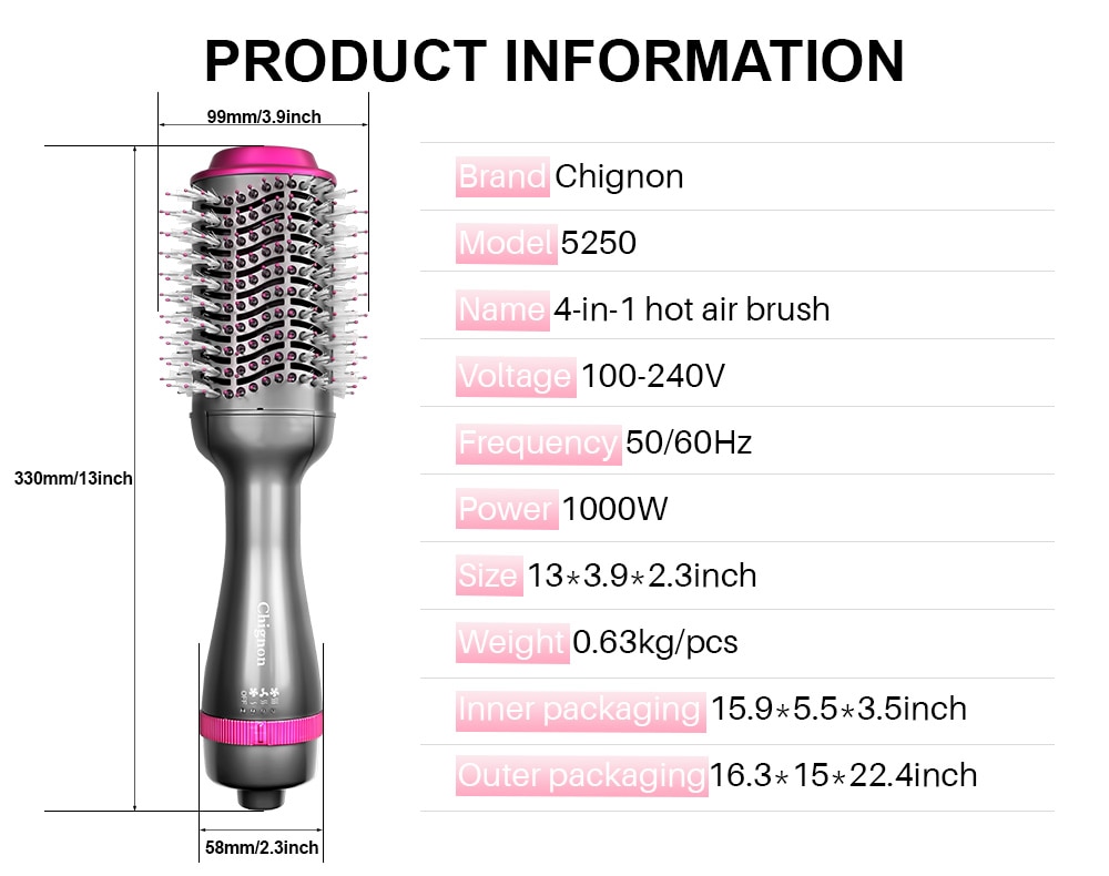 Brosse sèche-cheveux électrique Ion, puissance de 1000 W, diffuse de l'air chaud, pour styliser et donner du volume aux cheveux, permet de lisser ou boucler, peigne rouleau Brosse sèche-cheveux électrique Ion, puissance de 1000 W, diffuse de l'air chaud, pour styliser et donner du volume aux cheveux, permet de lisser ou boucler, peigne rouleau