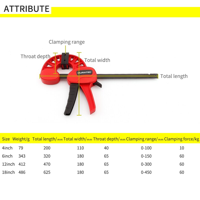 DURATEC — Pinces de menuiserie en plastique, nouvelle pince à barre F, style outils pour le travail du bois, pince F à prise rapide 4/6/12/18/24 pouces, dégagement rapide