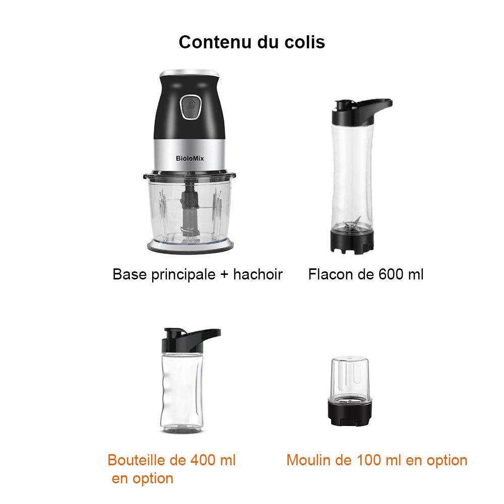 Mixeur personnel portable avec bol de hachoir, mélangeur, robot alimentaire, presse-agrumes avec bouteille de 600 ml, broyeur de viande, préparation de nourriture pour bébés Mixeur personnel portable avec bol de hachoir, mélangeur, robot alimentaire, presse-agrumes avec bouteille de 600 ml, broyeur de viande, préparation de nourriture pour bébés