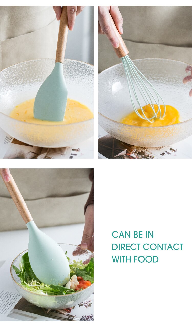 Ensemble d'ustensiles de cuisine en silicone avec poignée en bois, éléments avec boîte de rangement, spatule antiadhésive, accessoires de cuisine Ensemble d'ustensiles de cuisine en silicone avec poignée en bois, éléments avec boîte de rangement, spatule antiadhésive, accessoires de cuisine