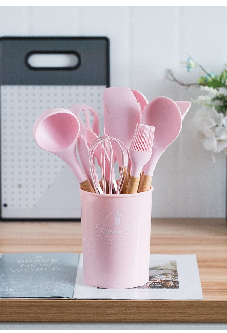 Ensemble d'ustensiles de cuisine en silicone avec poignée en bois, éléments avec boîte de rangement, spatule antiadhésive, accessoires de cuisine Ensemble d'ustensiles de cuisine en silicone avec poignée en bois, éléments avec boîte de rangement, spatule antiadhésive, accessoires de cuisine