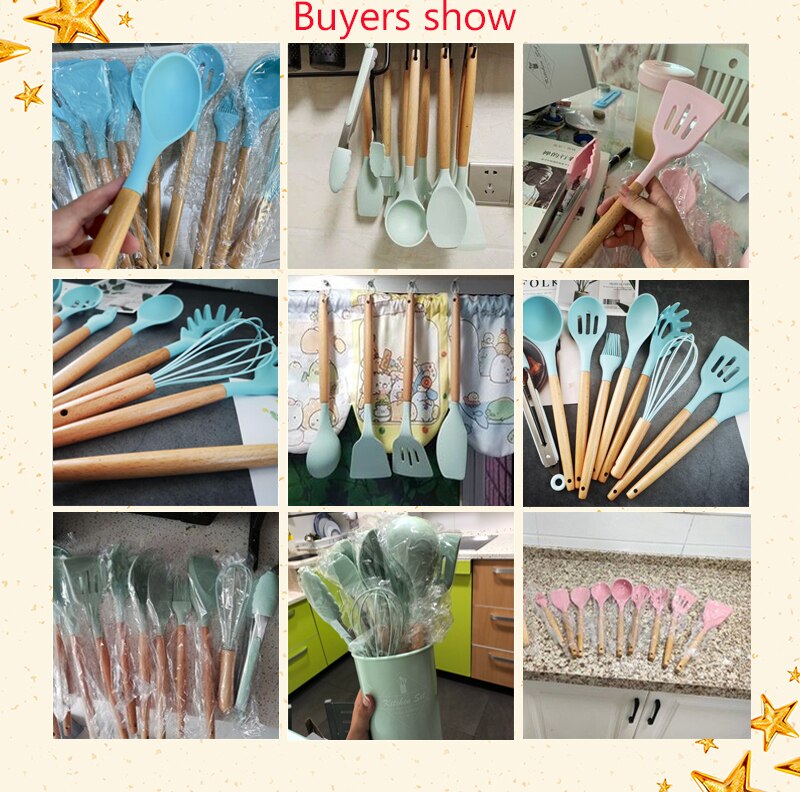 Ensemble d'ustensiles de cuisine en silicone avec poignée en bois, éléments avec boîte de rangement, spatule antiadhésive, accessoires de cuisine Ensemble d'ustensiles de cuisine en silicone avec poignée en bois, éléments avec boîte de rangement, spatule antiadhésive, accessoires de cuisine