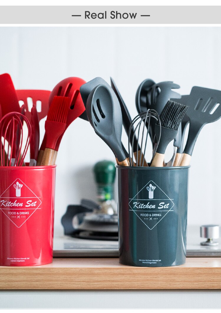 Ensemble d'ustensiles de cuisine en silicone avec poignée en bois, éléments avec boîte de rangement, spatule antiadhésive, accessoires de cuisine Ensemble d'ustensiles de cuisine en silicone avec poignée en bois, éléments avec boîte de rangement, spatule antiadhésive, accessoires de cuisine