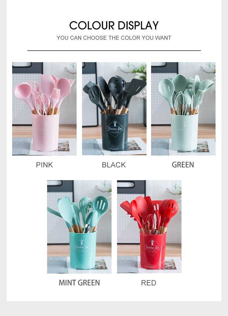 Ensemble d'ustensiles de cuisine en silicone avec poignée en bois, éléments avec boîte de rangement, spatule antiadhésive, accessoires de cuisine Ensemble d'ustensiles de cuisine en silicone avec poignée en bois, éléments avec boîte de rangement, spatule antiadhésive, accessoires de cuisine