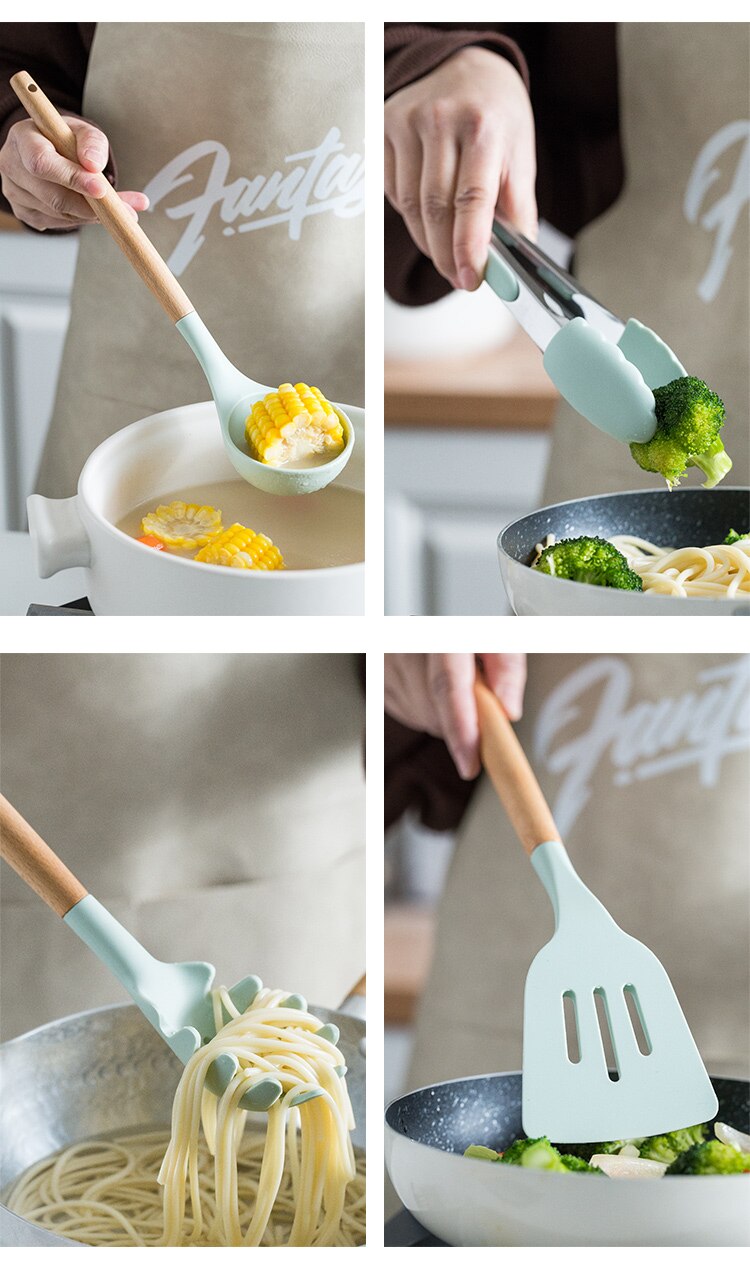 Ensemble d'ustensiles de cuisine en silicone avec poignée en bois, éléments avec boîte de rangement, spatule antiadhésive, accessoires de cuisine Ensemble d'ustensiles de cuisine en silicone avec poignée en bois, éléments avec boîte de rangement, spatule antiadhésive, accessoires de cuisine