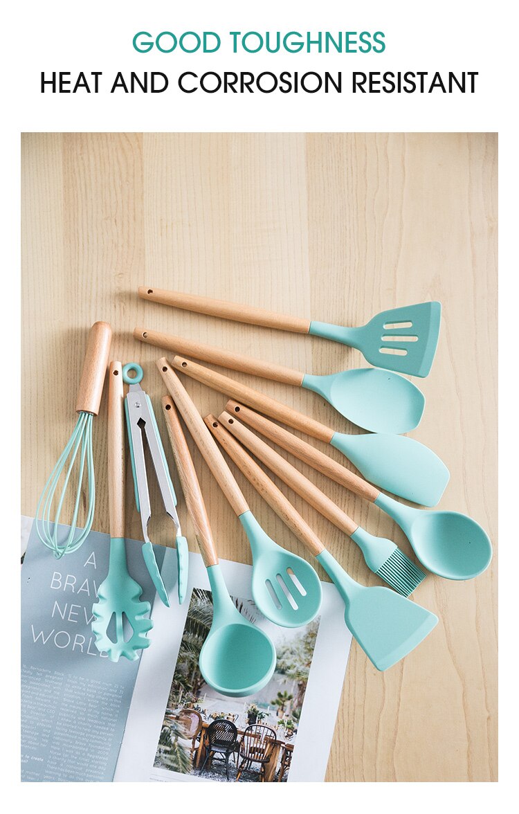 Ensemble d'ustensiles de cuisine en silicone avec poignée en bois, éléments avec boîte de rangement, spatule antiadhésive, accessoires de cuisine Ensemble d'ustensiles de cuisine en silicone avec poignée en bois, éléments avec boîte de rangement, spatule antiadhésive, accessoires de cuisine