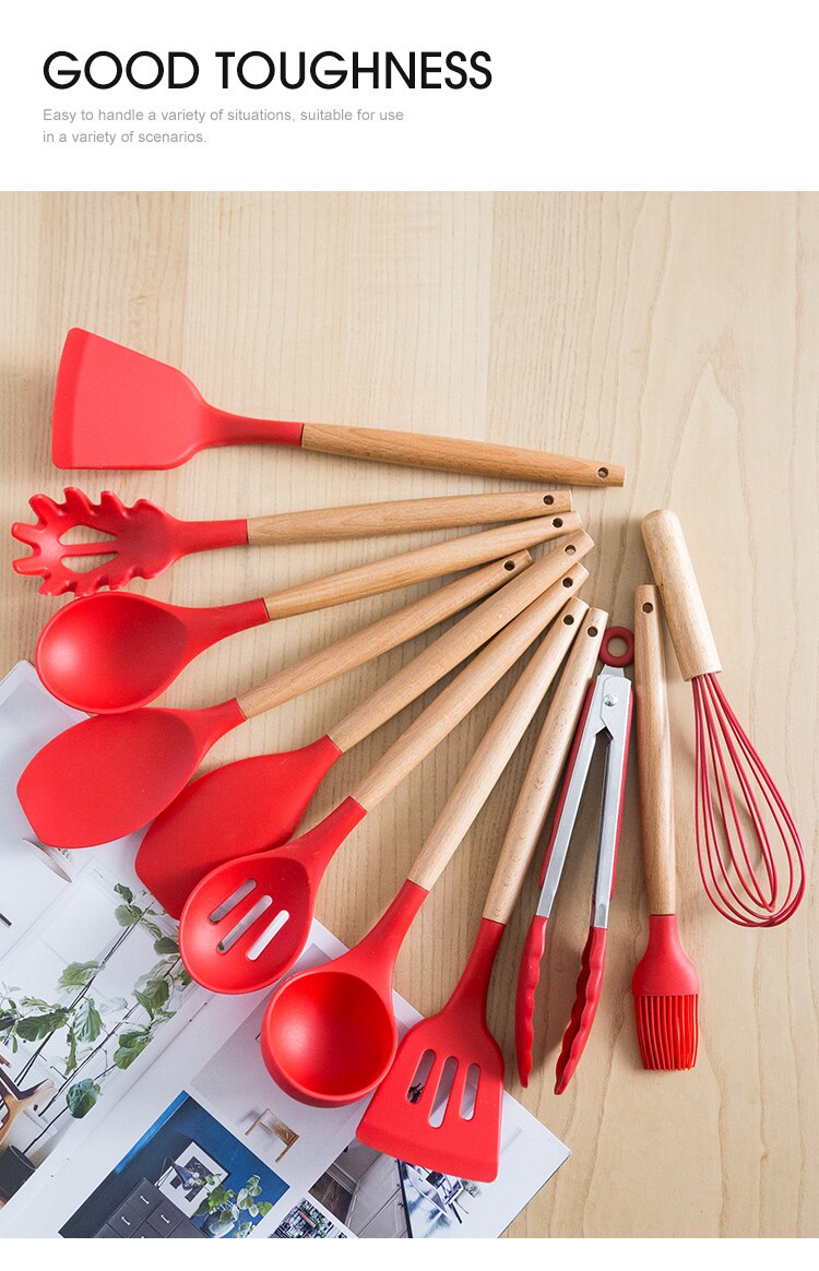 Ensemble d'ustensiles de cuisine en silicone avec poignée en bois, éléments avec boîte de rangement, spatule antiadhésive, accessoires de cuisine Ensemble d'ustensiles de cuisine en silicone avec poignée en bois, éléments avec boîte de rangement, spatule antiadhésive, accessoires de cuisine