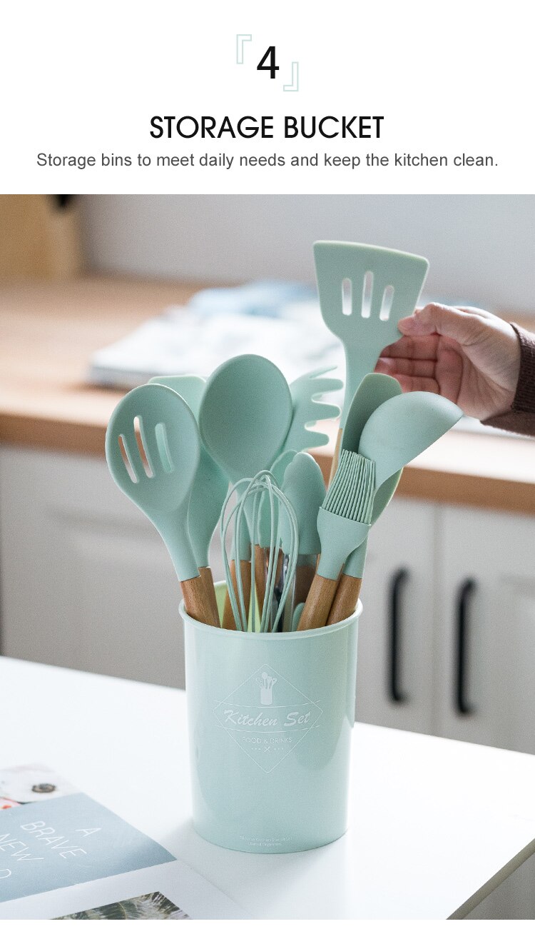 Ensemble d'ustensiles de cuisine en silicone avec poignée en bois, éléments avec boîte de rangement, spatule antiadhésive, accessoires de cuisine Ensemble d'ustensiles de cuisine en silicone avec poignée en bois, éléments avec boîte de rangement, spatule antiadhésive, accessoires de cuisine
