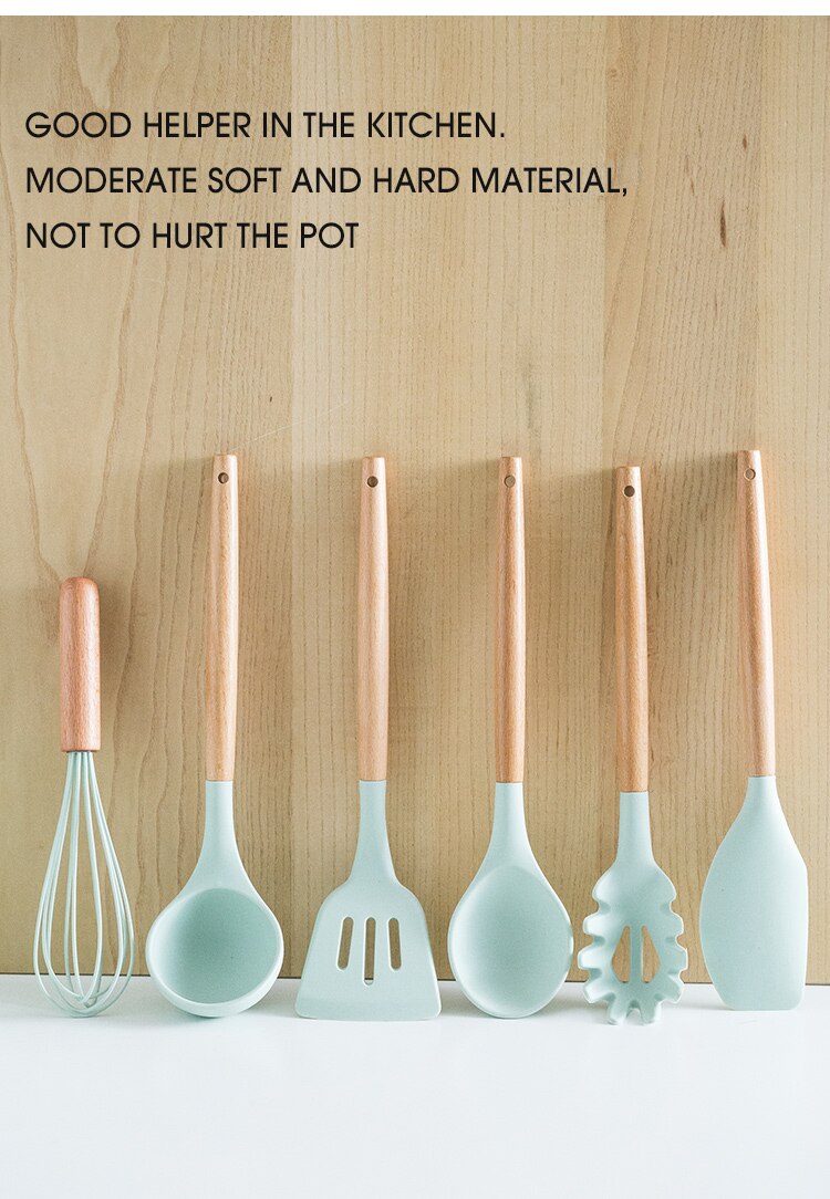 Ensemble d'ustensiles de cuisine en silicone avec poignée en bois, éléments avec boîte de rangement, spatule antiadhésive, accessoires de cuisine Ensemble d'ustensiles de cuisine en silicone avec poignée en bois, éléments avec boîte de rangement, spatule antiadhésive, accessoires de cuisine