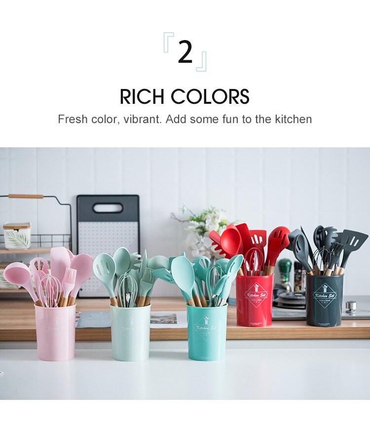 Ensemble d'ustensiles de cuisine en silicone avec poignée en bois, éléments avec boîte de rangement, spatule antiadhésive, accessoires de cuisine Ensemble d'ustensiles de cuisine en silicone avec poignée en bois, éléments avec boîte de rangement, spatule antiadhésive, accessoires de cuisine