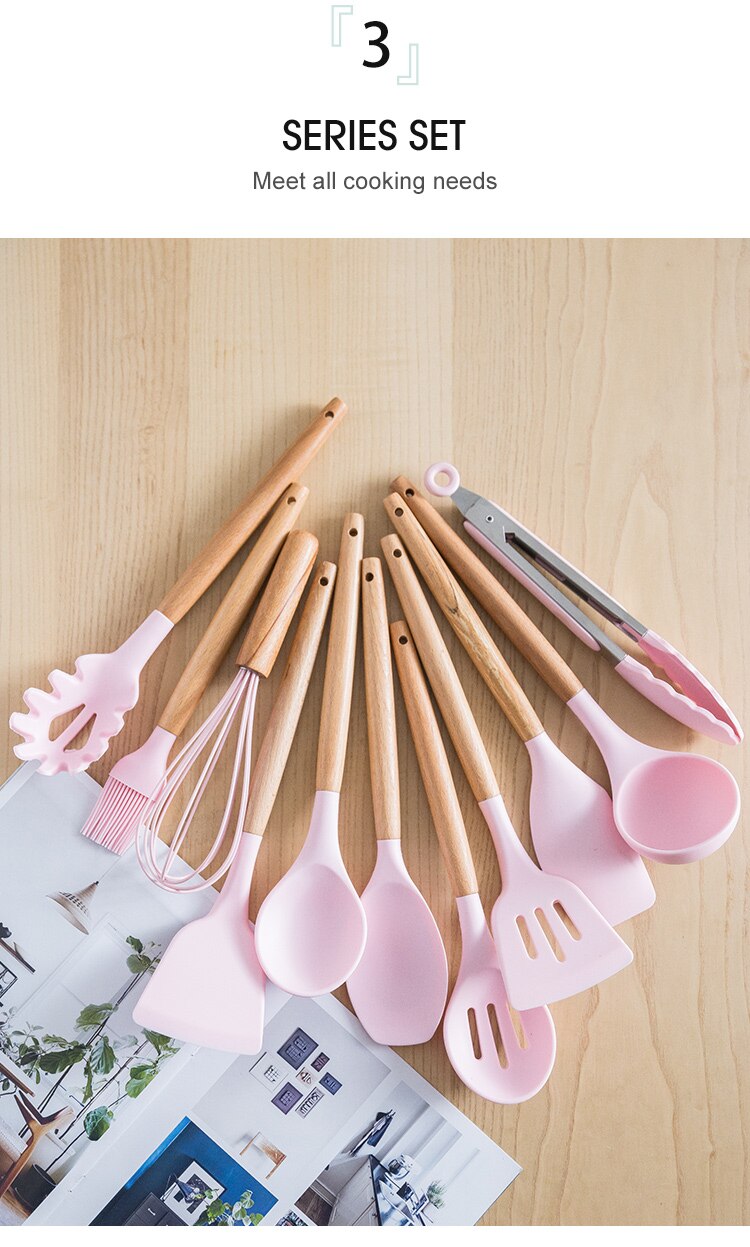 Ensemble d'ustensiles de cuisine en silicone avec poignée en bois, éléments avec boîte de rangement, spatule antiadhésive, accessoires de cuisine Ensemble d'ustensiles de cuisine en silicone avec poignée en bois, éléments avec boîte de rangement, spatule antiadhésive, accessoires de cuisine