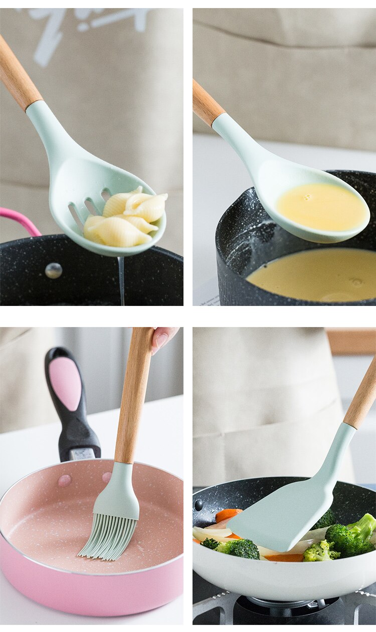 Ensemble d'ustensiles de cuisine en silicone avec poignée en bois, éléments avec boîte de rangement, spatule antiadhésive, accessoires de cuisine Ensemble d'ustensiles de cuisine en silicone avec poignée en bois, éléments avec boîte de rangement, spatule antiadhésive, accessoires de cuisine