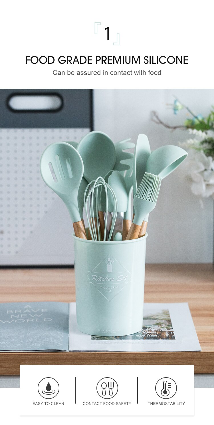 Ensemble d'ustensiles de cuisine en silicone avec poignée en bois, éléments avec boîte de rangement, spatule antiadhésive, accessoires de cuisine Ensemble d'ustensiles de cuisine en silicone avec poignée en bois, éléments avec boîte de rangement, spatule antiadhésive, accessoires de cuisine