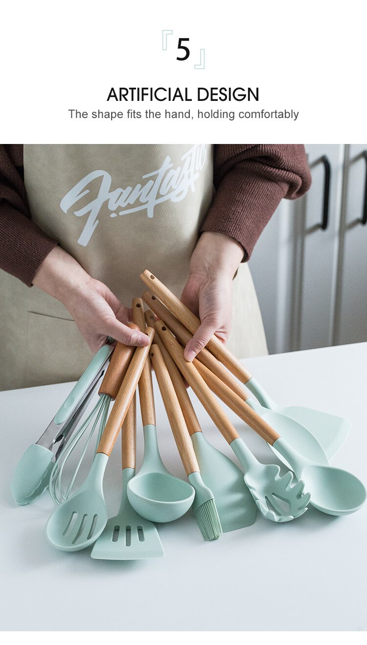 Ensemble d'ustensiles de cuisine en silicone avec poignée en bois, éléments avec boîte de rangement, spatule antiadhésive, accessoires de cuisine Ensemble d'ustensiles de cuisine en silicone avec poignée en bois, éléments avec boîte de rangement, spatule antiadhésive, accessoires de cuisine