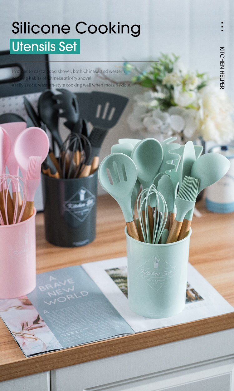 Ensemble d'ustensiles de cuisine en silicone avec poignée en bois, éléments avec boîte de rangement, spatule antiadhésive, accessoires de cuisine Ensemble d'ustensiles de cuisine en silicone avec poignée en bois, éléments avec boîte de rangement, spatule antiadhésive, accessoires de cuisine