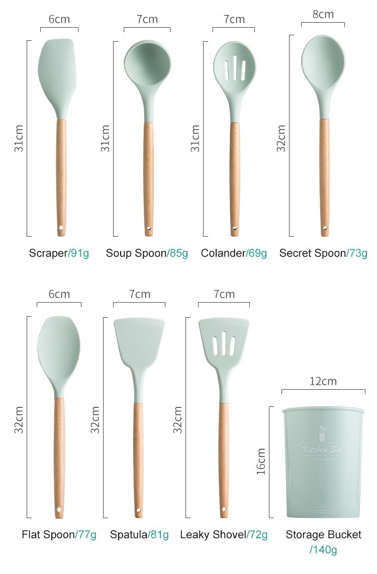 Ensemble d'ustensiles de cuisine en silicone avec poignée en bois, éléments avec boîte de rangement, spatule antiadhésive, accessoires de cuisine Ensemble d'ustensiles de cuisine en silicone avec poignée en bois, éléments avec boîte de rangement, spatule antiadhésive, accessoires de cuisine