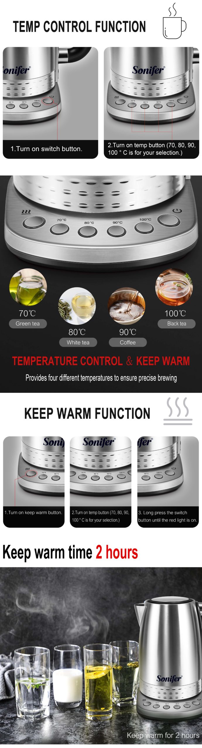 Sonifer – bouilloire électrique pour thé et café, appareil de cuisine intelligent, avec contrôle de la température, fonction de maintien au chaud, 1,7 l Sonifer – bouilloire électrique pour thé et café, appareil de cuisine intelligent, avec contrôle de la température, fonction de maintien au chaud, 1,7 l