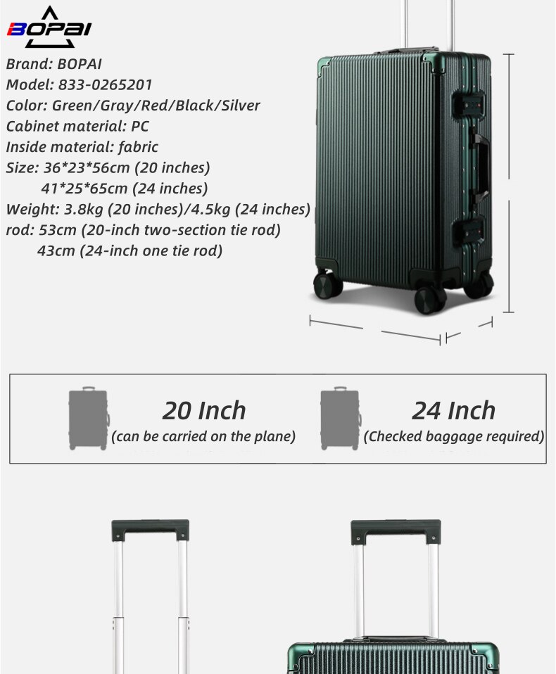 BOPAI – valise à roulettes pour hommes et femmes, valise à roulettes, à la mode, bagage à main de voyage, cabine de grande capacité