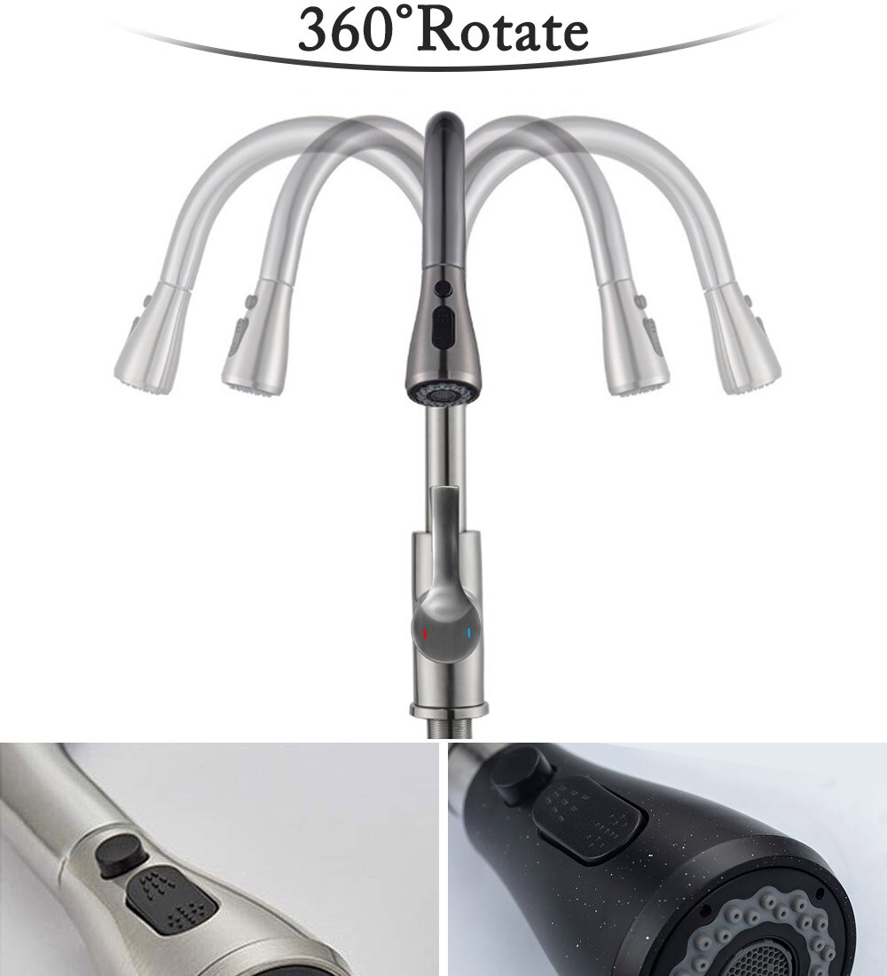 Robinet mitigeur extractible pour évier de cuisine, noir, tête de pulvérisation en nickel brossé, Chrome