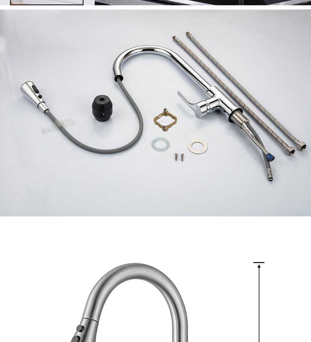 Robinet mitigeur extractible pour évier de cuisine, noir, tête de pulvérisation en nickel brossé, Chrome