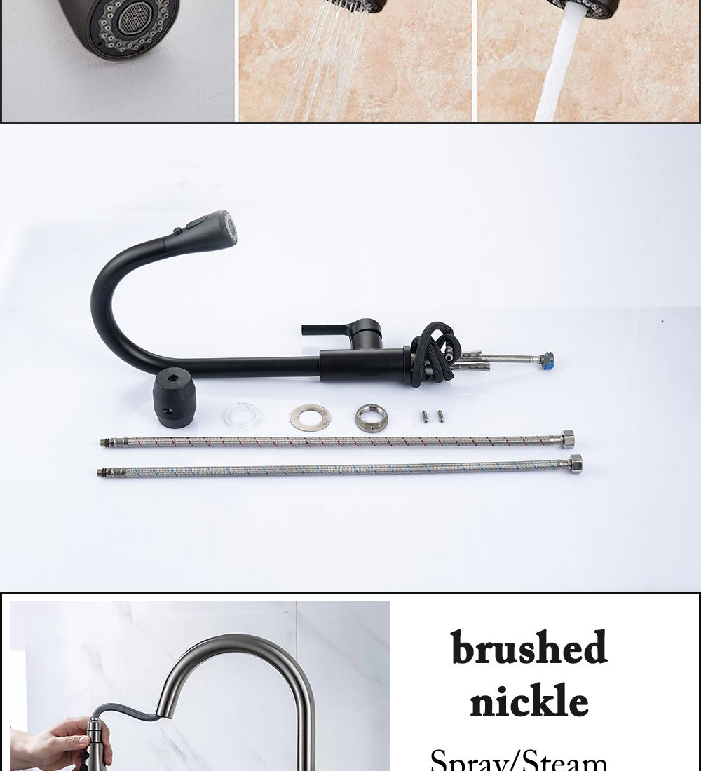 Robinet mitigeur extractible pour évier de cuisine, noir, tête de pulvérisation en nickel brossé, Chrome