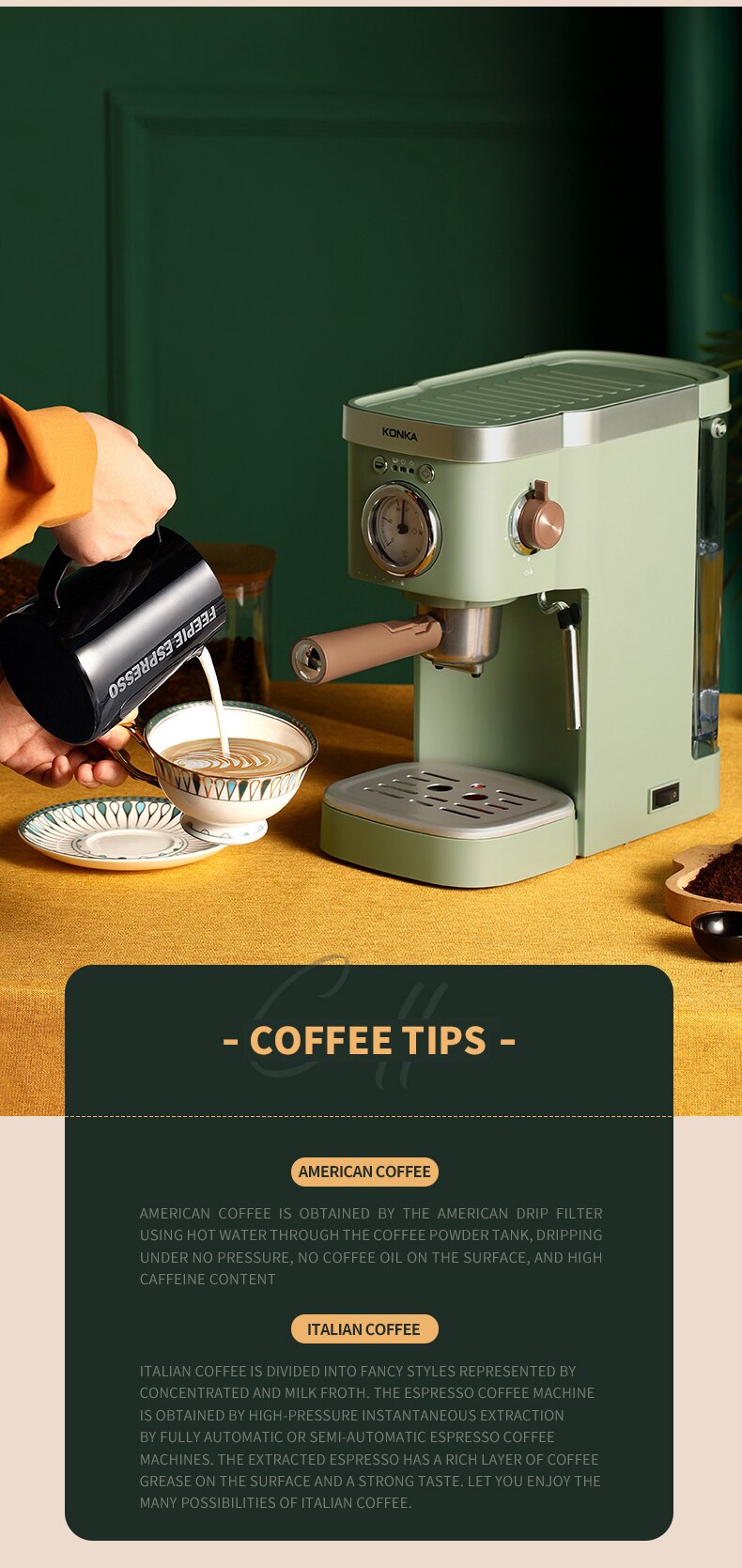 KONKA – Machine à café expresso automatique, verte, réservoir d'eau 1,2 l, 2 en 1, café au lait, capsules de café et poudre