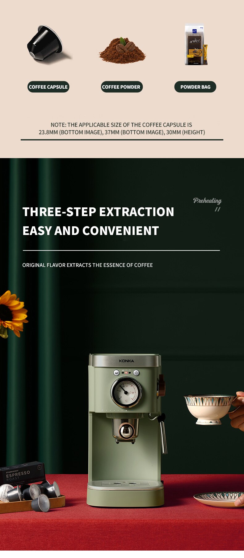 KONKA – Machine à café expresso automatique, verte, réservoir d'eau 1,2 l, 2 en 1, café au lait, capsules de café et poudre