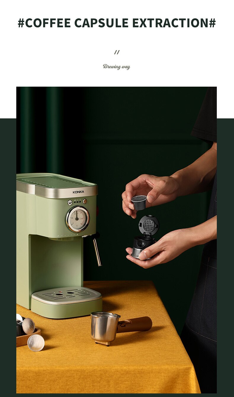 KONKA – Machine à café expresso automatique, verte, réservoir d'eau 1,2 l, 2 en 1, café au lait, capsules de café et poudre