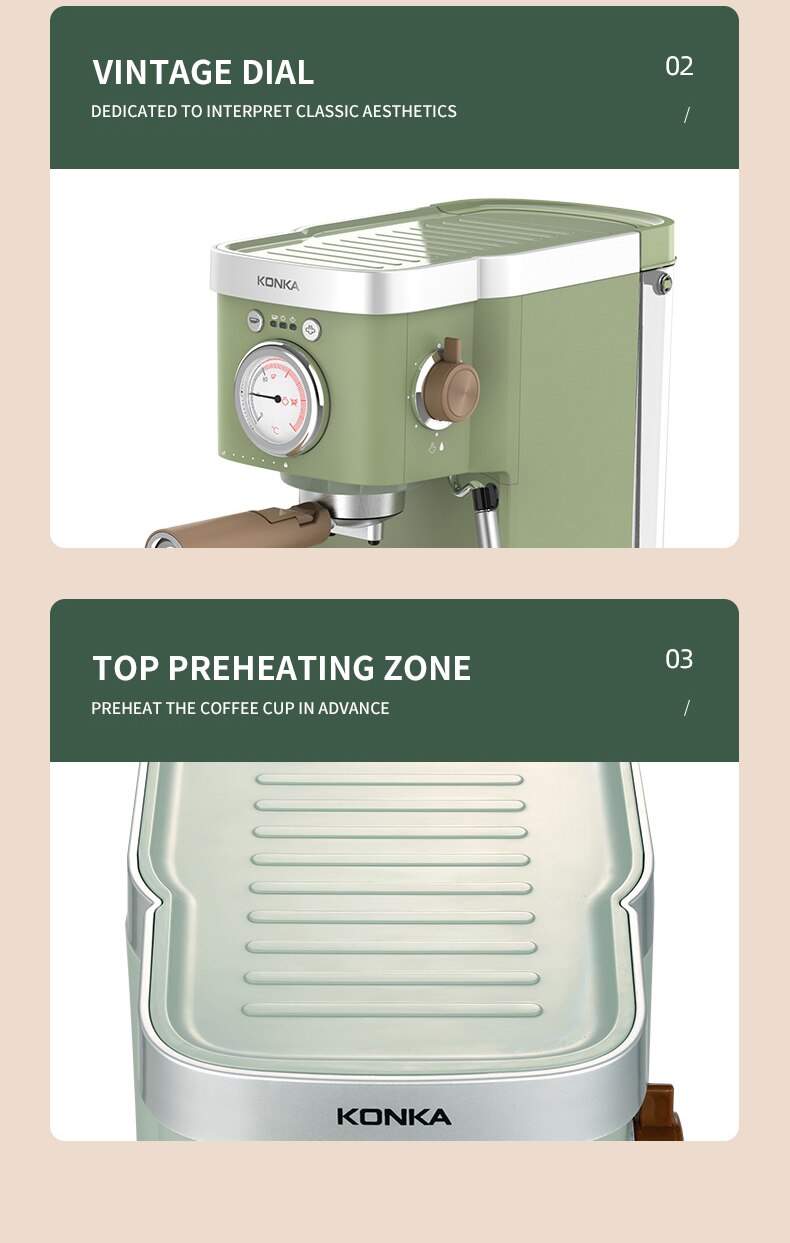 KONKA – Machine à café expresso automatique, verte, réservoir d'eau 1,2 l, 2 en 1, café au lait, capsules de café et poudre