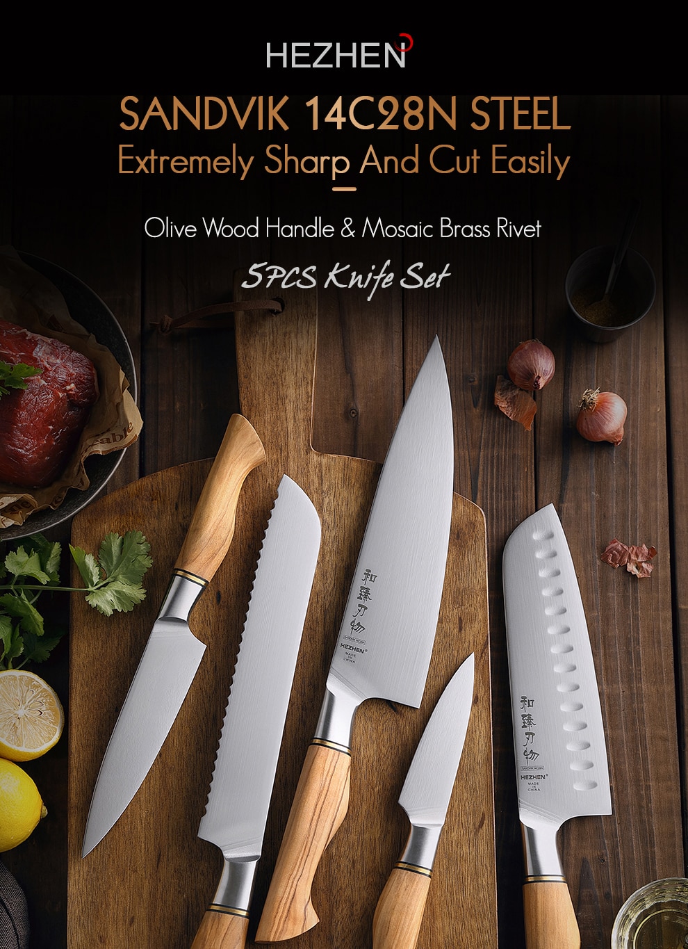 HEZHEN – ensemble de couteaux sandik 14C28N, en acier inoxydable, Chef Santoku, couteau de cuisine utilitaire pour la viande, 1-5 pièces
