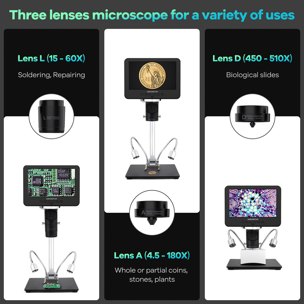 Andonstar – Microscope numérique 10 ''2000X UHD 2160P HDMI, AD249SM avec connexion PC à 3 lentilles, pour la soudure de PCB, vérification pour la réparation de téléphones