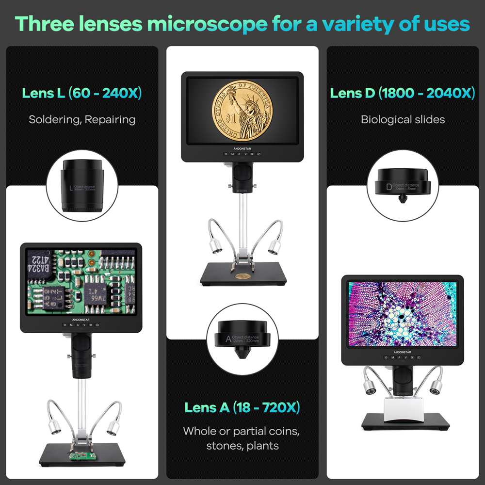 Andonstar – Microscope numérique 10 ''2000X UHD 2160P HDMI, AD249SM avec connexion PC à 3 lentilles, pour la soudure de PCB, vérification pour la réparation de téléphones