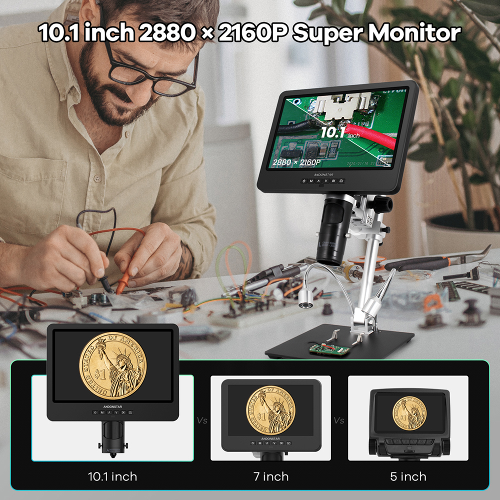 Andonstar – Microscope numérique 10 ''2000X UHD 2160P HDMI, AD249SM avec connexion PC à 3 lentilles, pour la soudure de PCB, vérification pour la réparation de téléphones